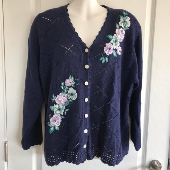 TanJay Sweaters - TanJay Navy Knit Cardigan with Floral Embroidery